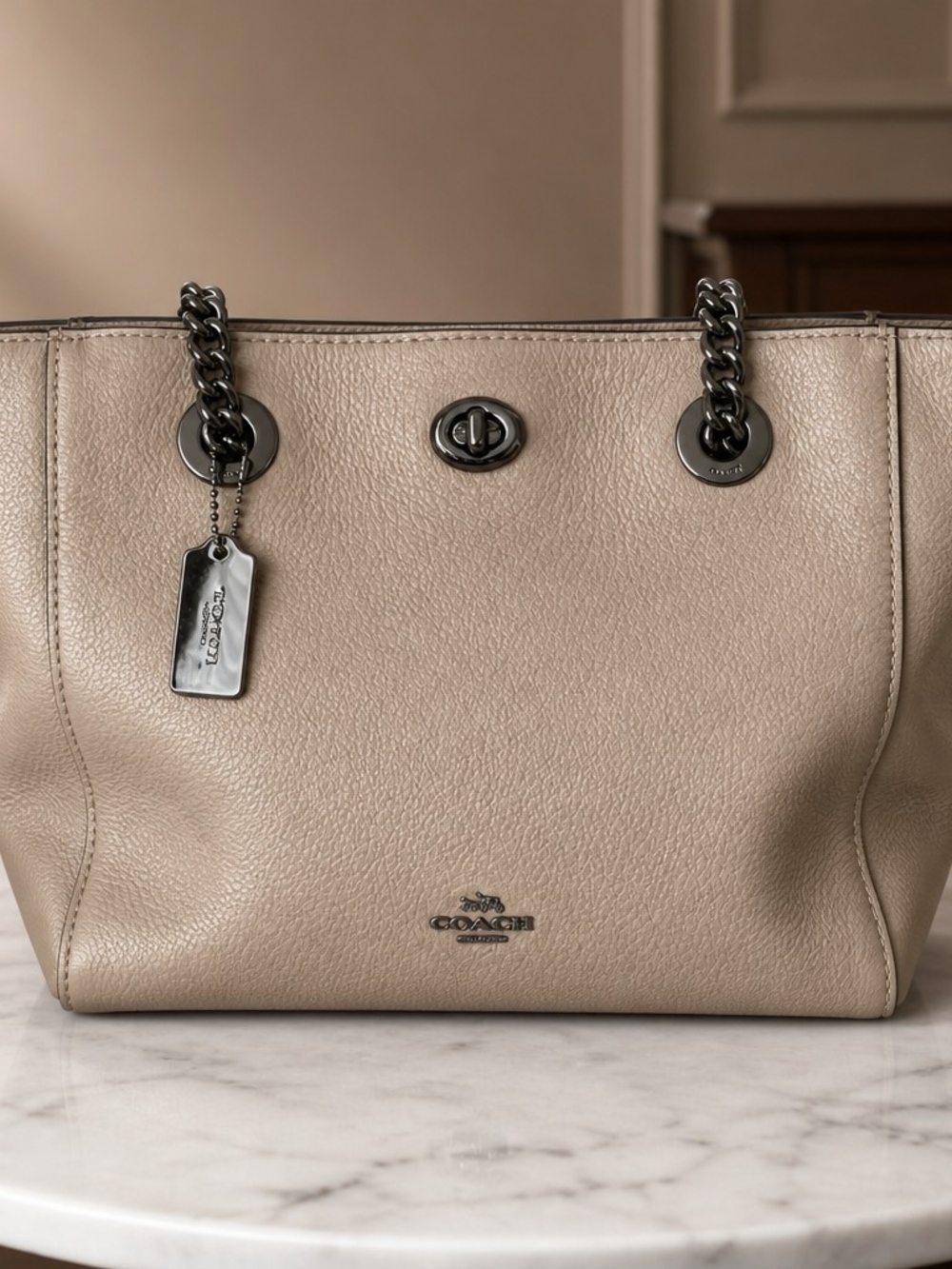 Coach Pebbled Leather Turnlock Chain Tote Taupe